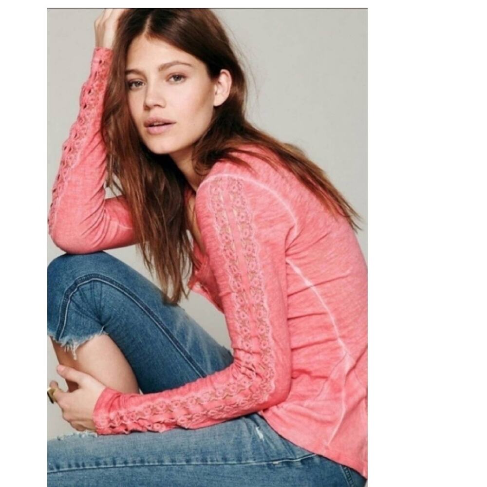 Free People Coral Shell Stitch Henley Long Sleeve XS